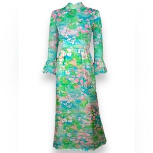 Tina Leser 1960s Vintage Cherry Blossom Watercolor  Maxi Dress